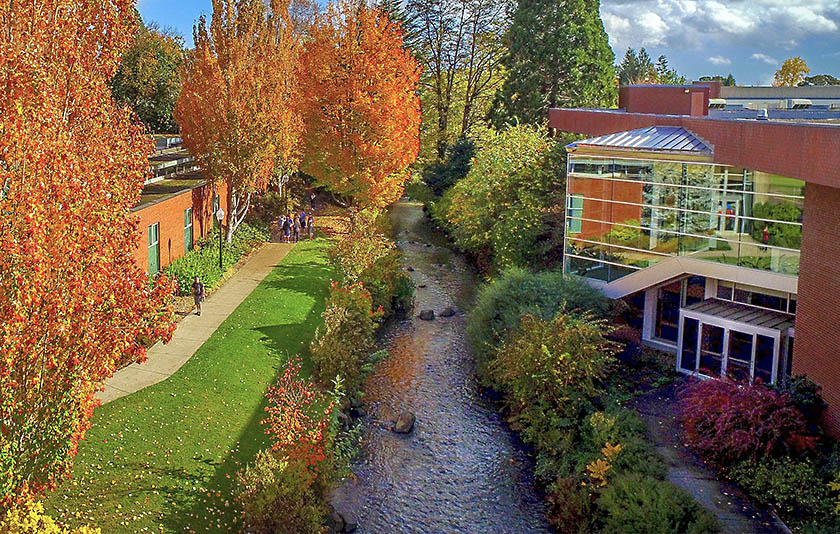 Fall scenery featuring Mill Stream and brick buildings at Willamette