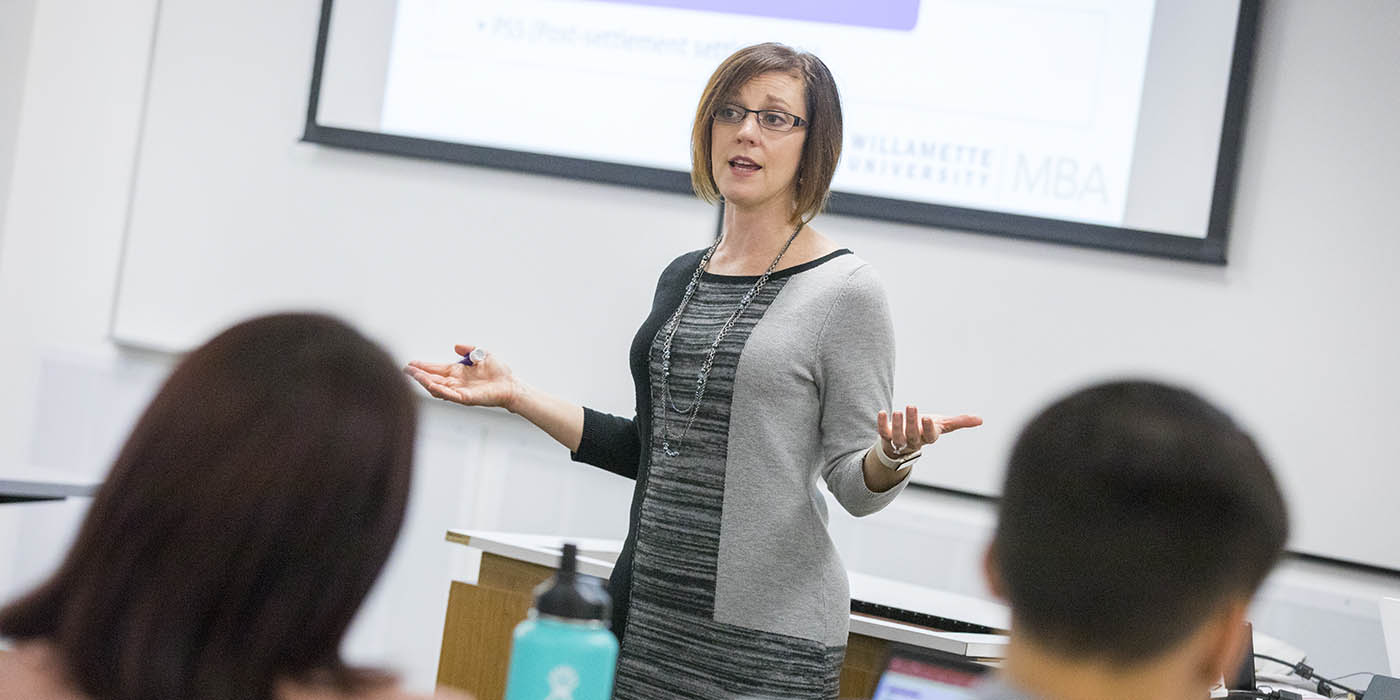 A professor teaching class at Willamette University