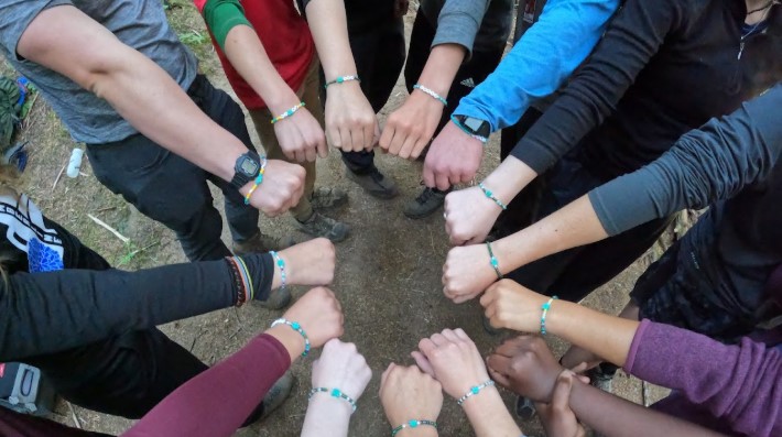 Several arms and hands with fists together, forming a circle.