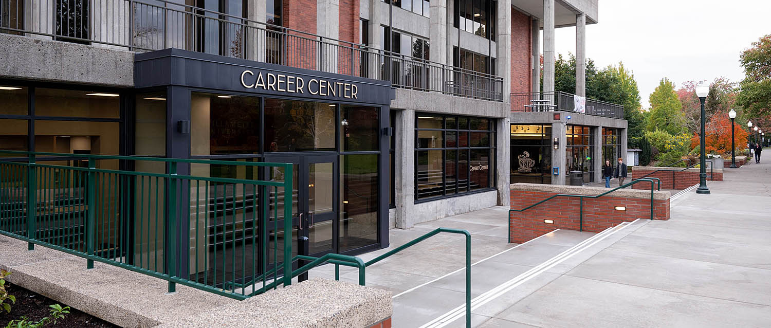 Outside Willamette University's Career Development Center with The Bistro in the background