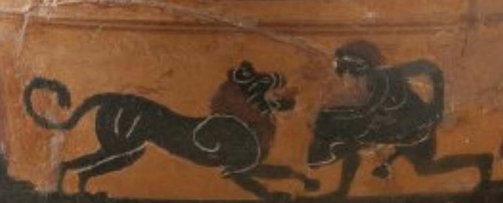 Ancient painting on a ceramic vase showing a lion and a person