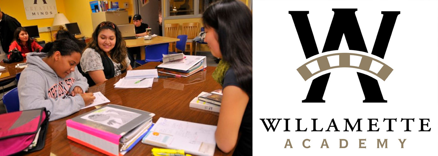 Willamette Academy logo and students studying in a classroom