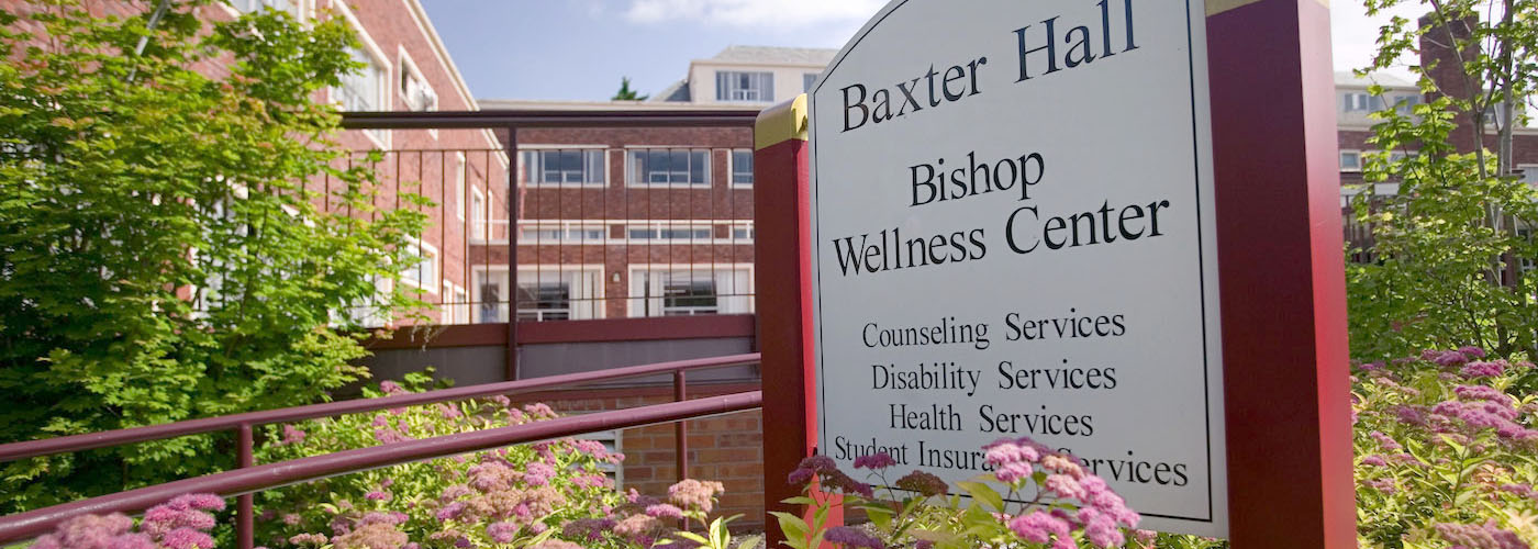 The Baxter Hall sign at Willamette showing the Bishop Wellness Center