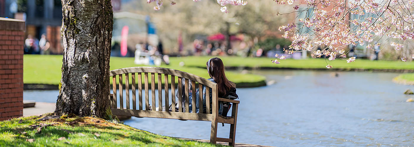 A Willamette student sits in a bench beside the Mill Stream on a spring day.