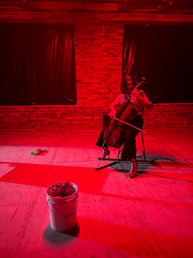 Photo of Ruben Garcia Marrufo playing the cello in a red room