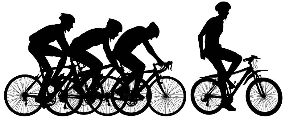 A black and white image of four people on bikes