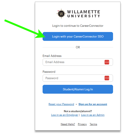 Screenshot of the Career Connector student login with an arrow pointing to the SSO button