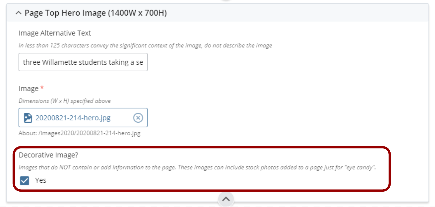 Screenshot from Cascade CMS showcasing how to set an image to be decorative.