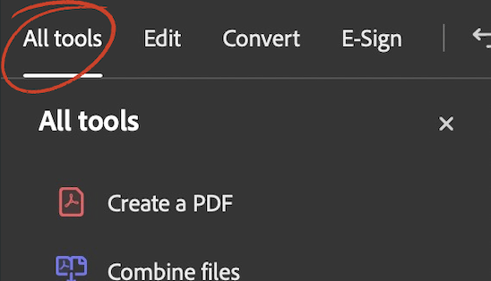 Adobe Acrobat All Tools menu with Prepare for Accessibility available.