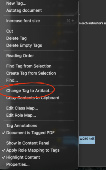 Adobe Acrobat Tags panel showing the image marked as an Artifact.