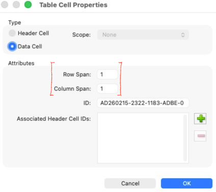 Adobe Acrobat table settings showing Row Span and Column Span.