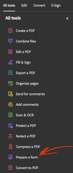 Adobe Acrobat Prepare Form tool.