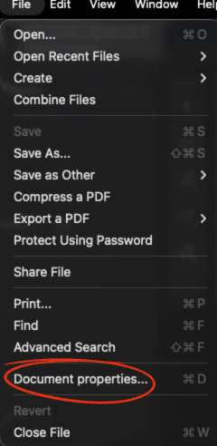Adobe Acrobat File menu with Properties selected.