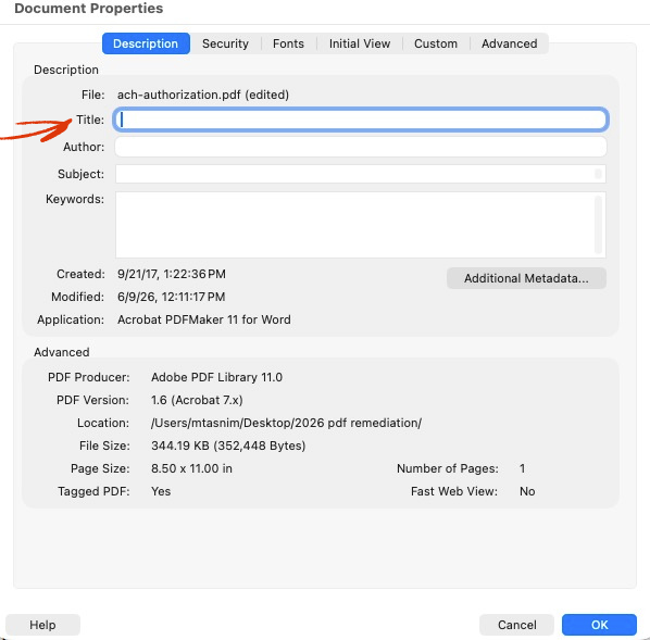 Adobe Acrobat Document Properties showing the Title field.