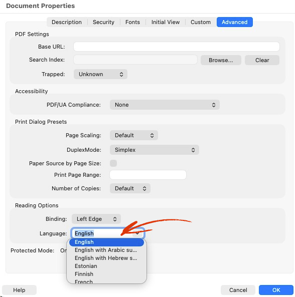 Adobe Acrobat Document Properties showing the document language setting.