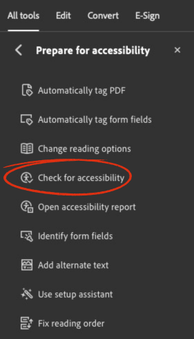 Adobe Acrobat Accessibility Check options.