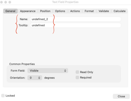 Adobe Acrobat text field Properties showing the name and tooltip fields.