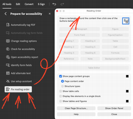 Adobe Acrobat Reading Order tool showing numbered content regions.
