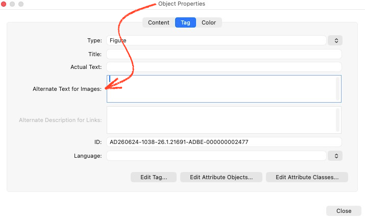 Adobe Acrobat Properties dialog showing the Alternate Text field.