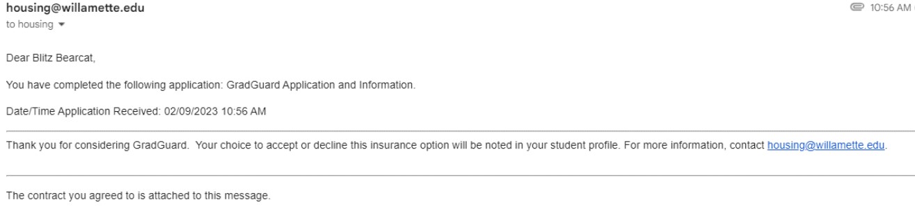 Housing email notification mentioning complete Gradguard Application
