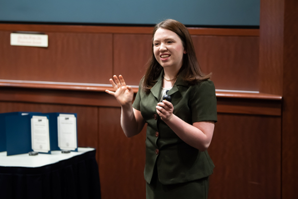 A person speaking in a room