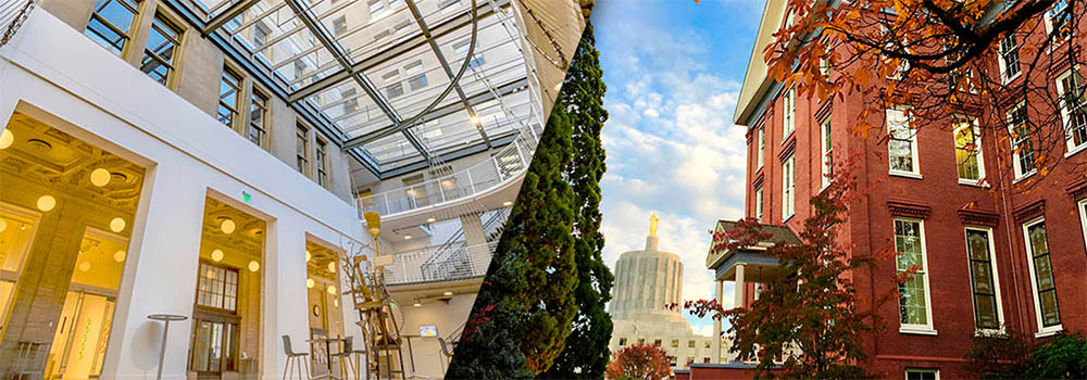 A sliced image of PNCA's interior featuring a skyroof and tall walls and another side of Willamette's Salem campus with a brick building near the capitol