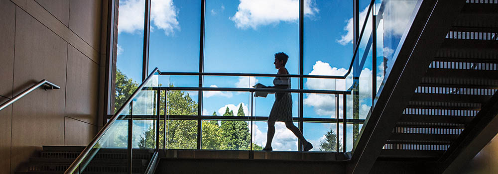 A person walking in a building featuring modern stairs and a glass window looking at green trees and blue skies