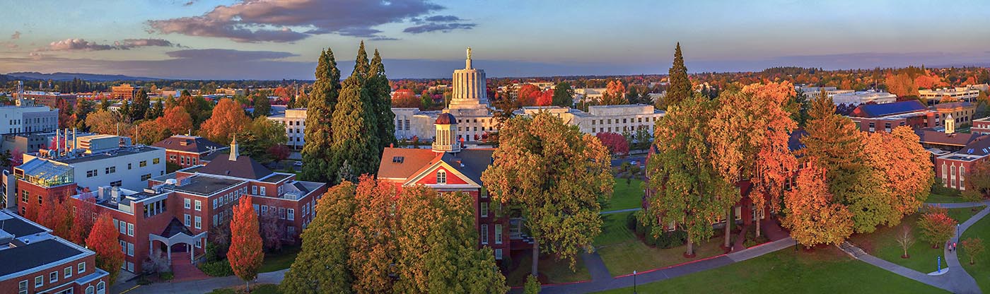 A birds eye view of the Willamette campus with the State Capitol building nearby