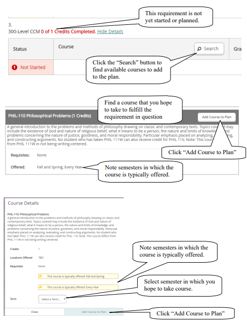 Screenshot showing how to add courses to a degree plan.