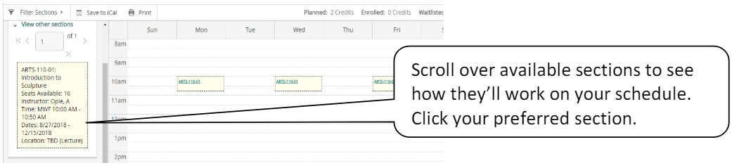 Screenshot showing how to scroll over available sections to see how they&rsquo;ll work on your schedule and click your preferred section.