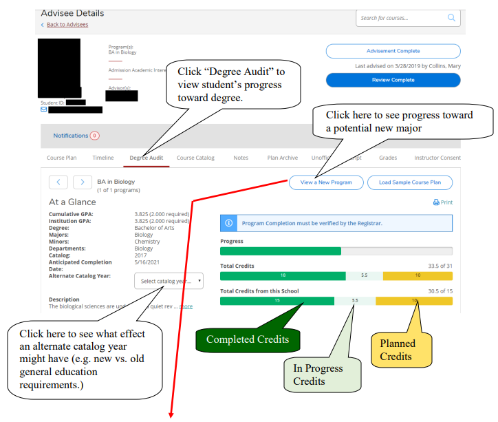 Screenshot showing the "Degree Audit" tab and how to view more details on an advisee's degree progress.