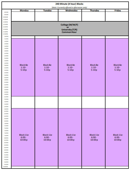 Screenshot showing the 240 minute or 4 hour time blocks on the bell schedule for the Salem campus.