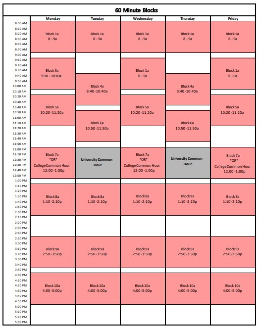 Screenshot showing 60 minute blocks in the bell schedule for the Salem campus.