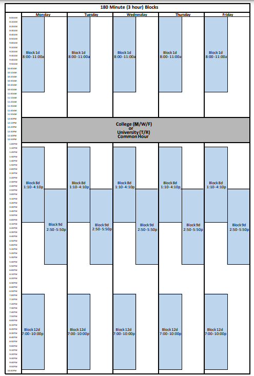 Screenshot showing 180 minute or 3 hour time blocks in the bell schedule for the Salem campus.