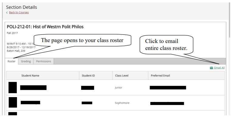 Screenshot showing how to view and email a class roster.