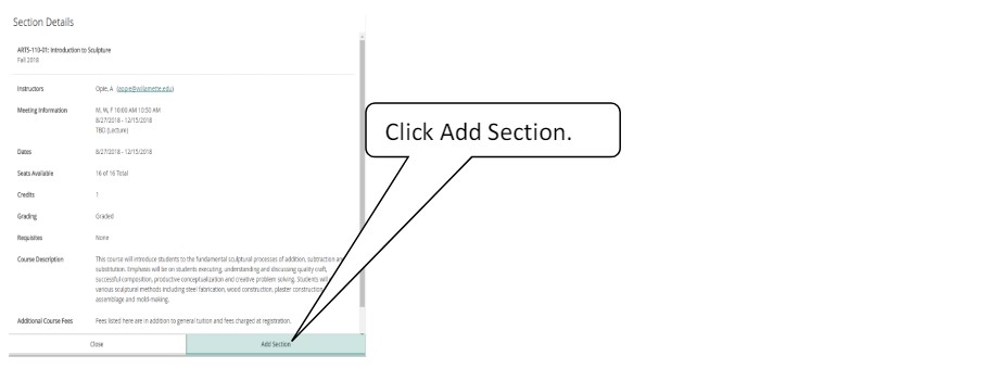 Screenshot showing how to add a section to course schedule.