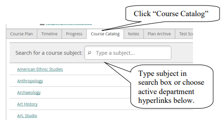 Screenshot showing how to search in the Course Catalog.