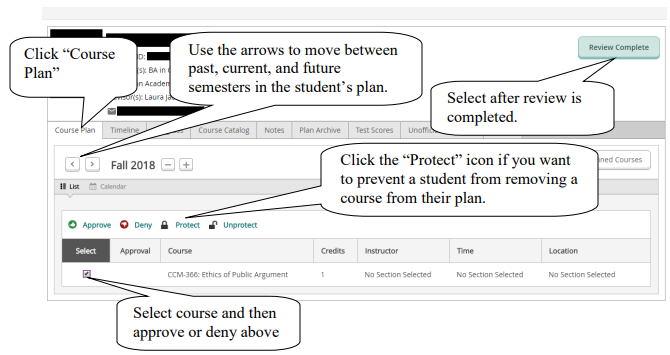 Screenshot showing where to review planned sections for a particular semester.