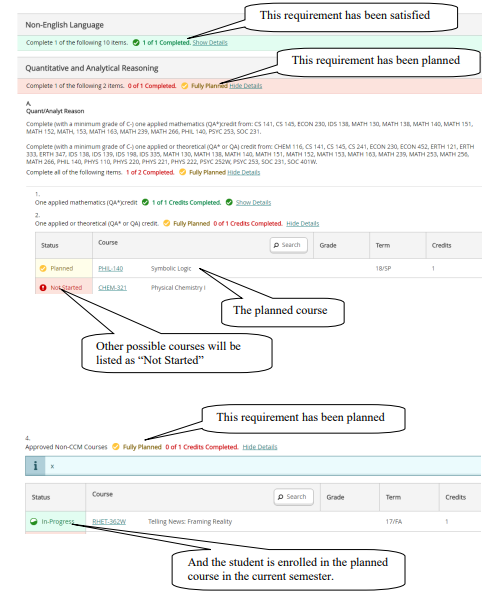 Screenshot showing how you can view the completion status of a degree by checking the labels for completed credits, in progress credits, and planned credits.
