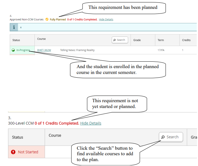 Screenshot showing the difference between a planned requirement and a requirement that has not yet been started.
