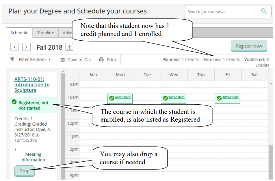 Screenshot showing a registered course on the course schedule and how