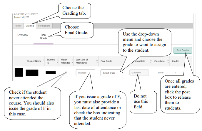 Screenshot showing where to enter final grades for a course section.
