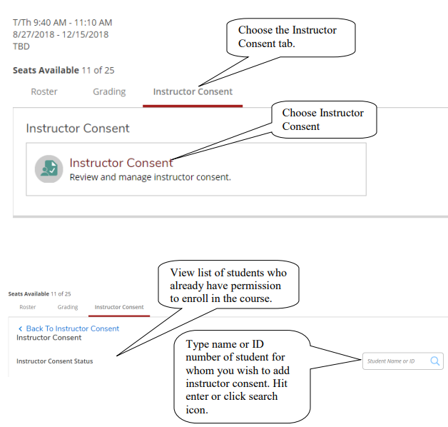 Screenshot showing how to add instructor consent for a student.