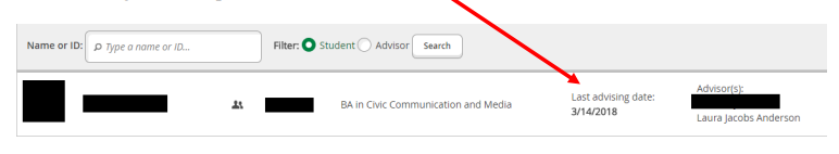 Screenshot showing how to confirm completion of advisement by checking the latest advising date.