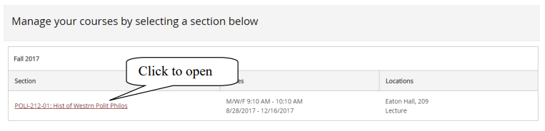 Screenshot showing how to manage current and future assigned classes by clicking on the class link.