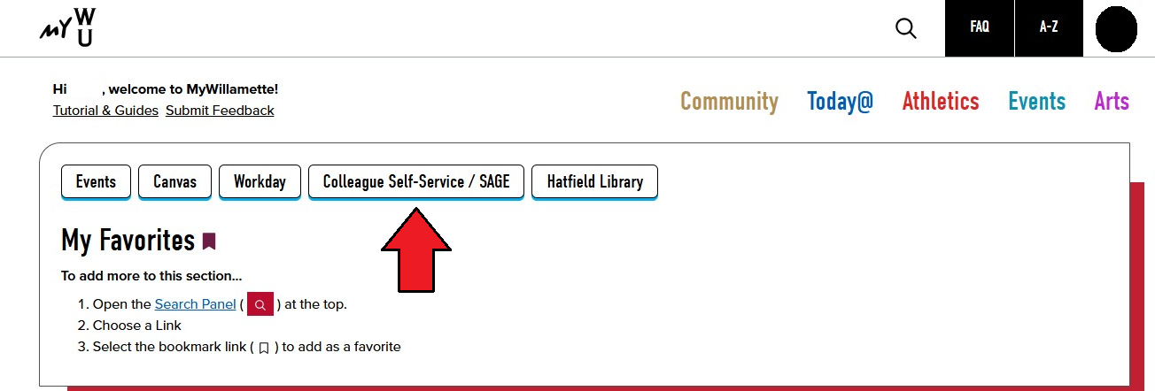 Row of options in MyWillamette, with an arrow pointing to Colleague Self-Service/SAGE
