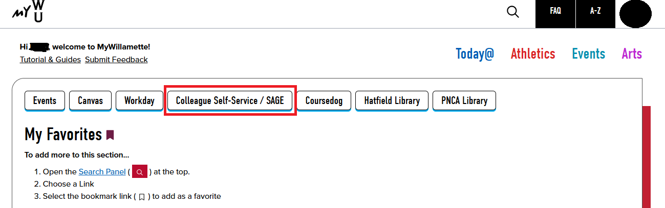 MyWillamette portal, with Colleague Self-Service/SAGE boxed in red.