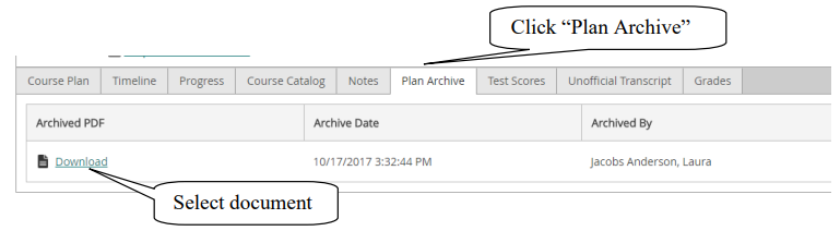 Screenshot showing where to view and download a document of an archived course plan.