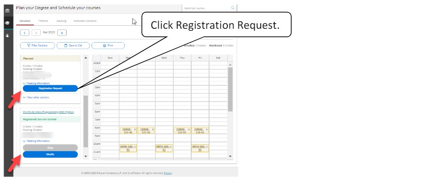 Screenshot showing the registration request button for a course.