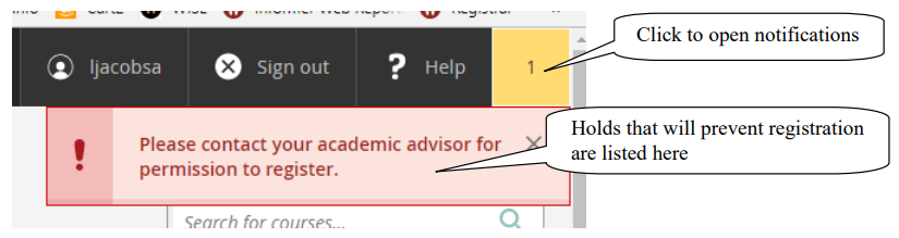 Screenshot showing where to locate and view holds that prevent registration.